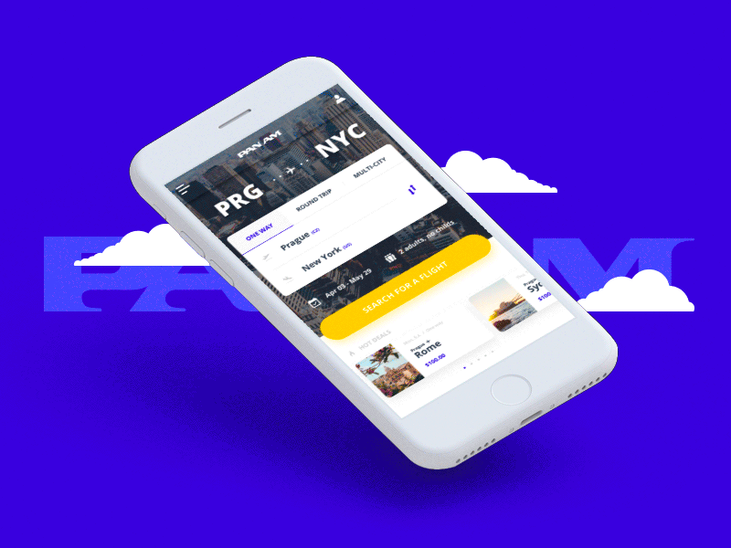 PAN AM - Mobile App airlines animation app blue booking clean loader panam plane redesign ui ux