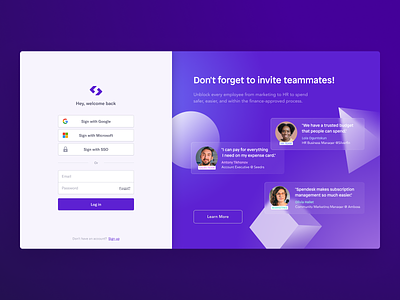 Spendesk Login Page branding customer design features form glassmorphism graphic design levitating login login page love product visual purple quotes shapes spendesk testimonial ui ux vector