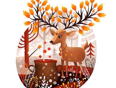 Deer potion maker with magic wand deer fall illustration magic red tree