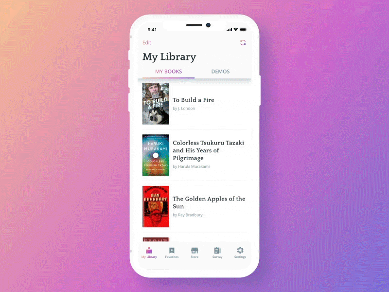 Book Reader Concept actions after after affects animation app app animation book app books gif gradient header iphone x library reader scroll scrolled sketch swipe