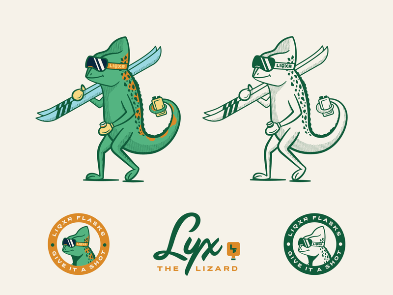 LIQXR Flasks - 02 alcohol badge branding chameleon flask illustration lettering lizard mascot typography vintage
