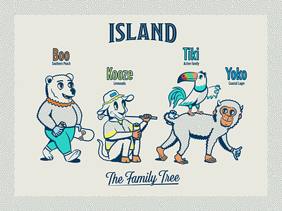Island Brands - Family Tree bear beer branding goat golf illustration mascot monkey pattern seltzer skateboard toucan
