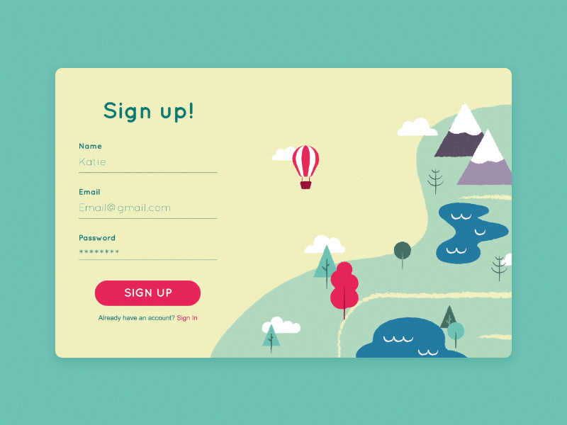 Daily UI Challenge – 001 Signup aftereffects colour dailyui form illustration nature outdoors signup sketch ui