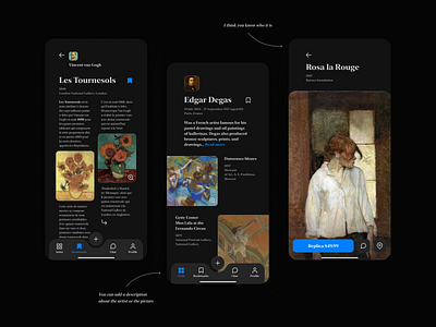 Les Tournesols 🌻 app art artist bookmark books buy concept design dark mode design gallery illustration image information design interface mobile paintings product design tab bar ui ux