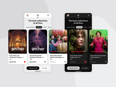 Movie collections 🎬 app buyer cinema dark app dark mode dark theme design harry potter illustration interface ios like mobile movie netflix ui ux