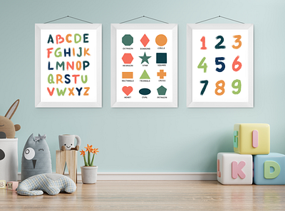 Educational Natural Brush Prints,Alphabets Number and Shape alphabets educational posters. graphic design kidss natural brush number shape study