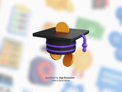 3d rendering graduate cap with gold coin isolated
