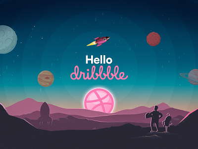 Hello Dribbble first shot hello dribble illustration invation invite moon planets space stars thanks
