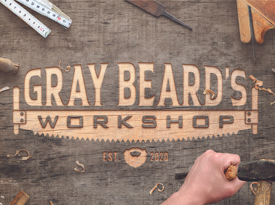 Gray Beard's Workshop Logo beard carving chisel craftsman gray illustrator logo mockup sanker small business wood woodworking