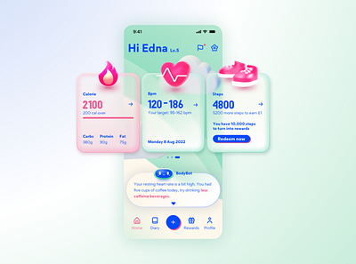 BodyBot Health App Concept - Dashboard 3d app design glassmorphism health app mascot sketch ui ui design uxui