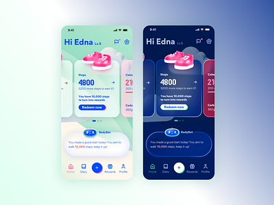 BodyBot Health App Concept - Light vs Dark Theme dark mode dark theme glassmorphism health app light theme mobile app sketch ui uxui design