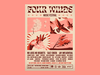 Four Winds Fest Poster birds blow festival four gig poster hand illustration movement music mystical poster sand trees wind winds windy
