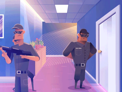 Showdown animation bathroom caught door guns illustration kick light man phone police toilet