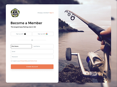 Become a Member fishing form membership product design signup social login ux uxui