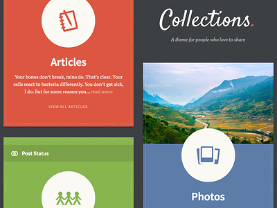 Collections blog homepage icons pt serif satisfy source sans pro web design wordpress wp theme design