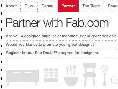 Partner with Fab.com black e commerce fab grey helvetica neue red sales shop webdesign