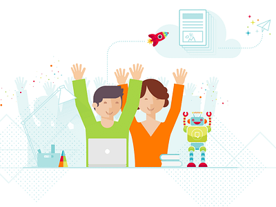 Hands up! books desk email illustration robot rocket