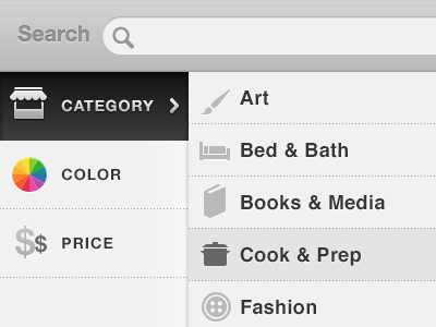 Browse & search black colorwheel e commerce fab grey helvetica neue icons ipad list menu photoshop sales search shape layers sidepanel vector based webshop