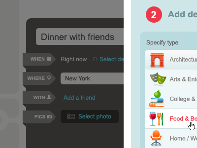 Dinner with friends dropdown fab icons lightbox red teal