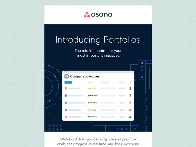 Asana Portfolios launch email asana business collaboration email gordita launch portfolios product ui animation work tracking