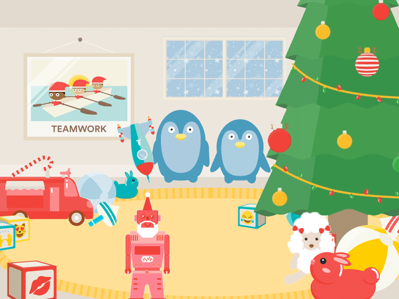 Christmas Morning 2d animation after effects animation christmas holiday illustration penguins poodle robot toys