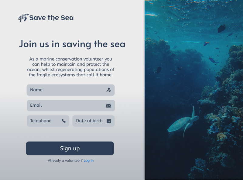 Sign up page for marine conservation volunteer by Sarah Evelin on Dribbble