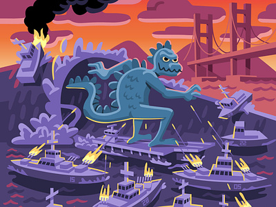 Kaiju dropping in on a glassy tube fleet week godzilla illustration king of monsters surfing vector