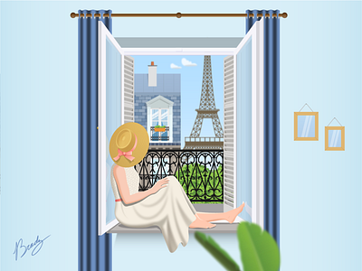 Through the Window Paris balcony curtains day eiffel eiffeltower france french home illustration looking paris person relaxing summer tower window wonder
