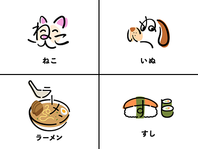 Japanese Hiragana cat characters dog hiragana illustrations japan japanese ramen sushi