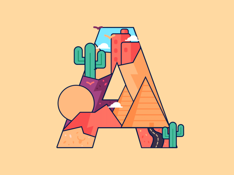 Desert a aftereffects animated gif animation app cactus desert letter looping pyramid sun