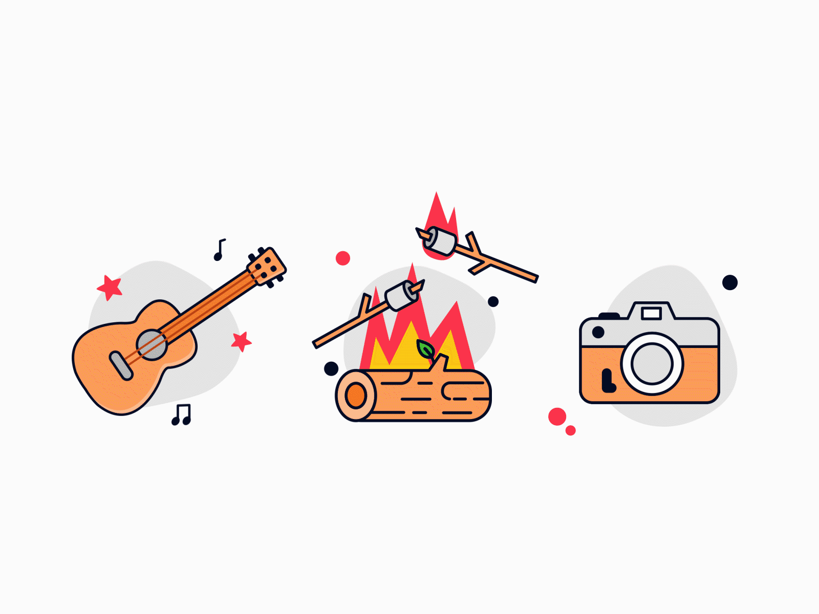 Camping Activity 2d animation animation camera campfire camping design forest guitar illustration looping loopinggif