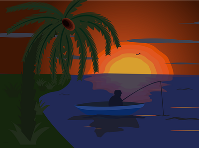 Gloomy Sunset boat dark design fishing graphic design illustration loneliness orange palm sea sunset
