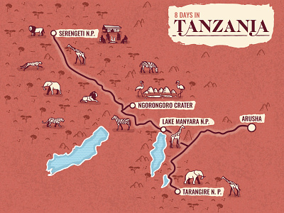 TANZANIA ILLUSTRATED MAP cartography editorial illustration illustrated map illustration illustrator itinerary map map design map maker tanzania tour agency tourism travel travel inspired