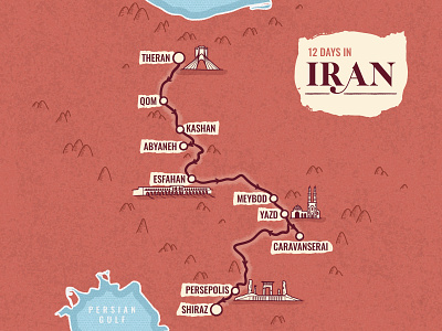 IRAN ILLUSTRATED MAP cartography editorial illustration illustrated map illustration illustrator iran itinerary map map design map maker tour agency tourism travel travel inspired