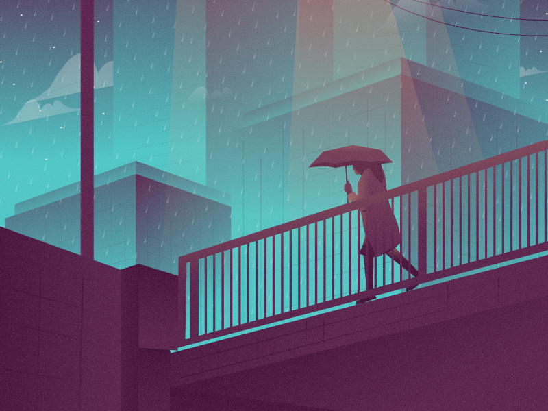 Rain 2d city dribbble dribbble best shot flat girl landscape landscape illustration nature illustration vector woman woman illustration