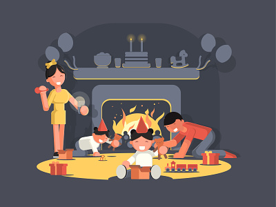 Happy Time 2d birthday character daddy dribbble dribbble best shot family family portrait fire flat good good day good times happy happy birthday illustration line mammy mongolia twin
