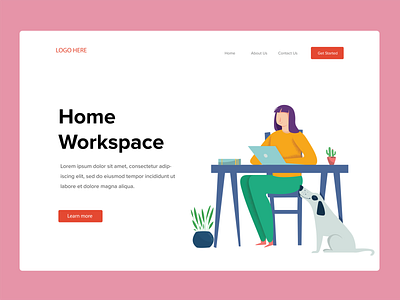 Workspace at home design dog friendly animal green header illustration style vector style website header woman working from home yellow