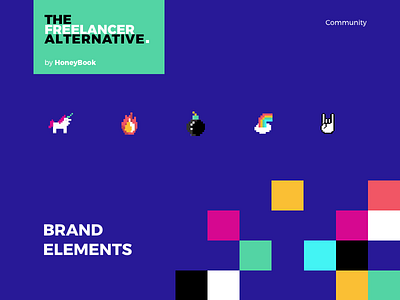 Community Hub brand elements colorful icons pixel art