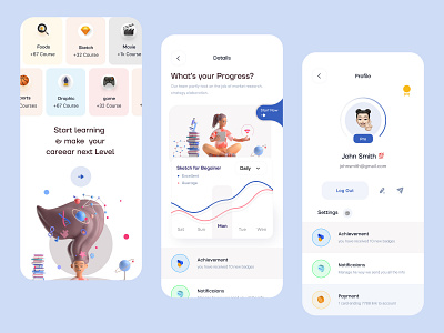 Online learning (Onboarding + Profile + Progress) 3d app class course education education app interface layout learning app learning platform minimal mobile ui online learning product design skillshare trending ui uidesign ux visual