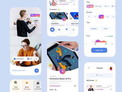 online learning (courses+filter+online class+support ) 3d app class course education education app gradient interface layout learning app learning platform minimal mobile ui online learning skillshare trending ui ui design ux visual