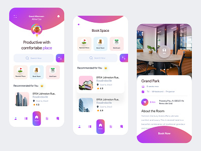 Cospace app (home+search+room details) 360 view 3d app book now booking clean concept cospace exploration gradient interface layout minimal typogaphy ui ui design user experience ux visual workspace
