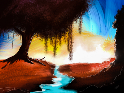 Digital painting bg colors nature river sketch trees