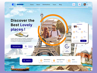 Travel App Home Page -GAAM- 3d animation app branding design dribbble favori followme galery graphic design homepage illustration logo motion graphics page travel ui ux vector web