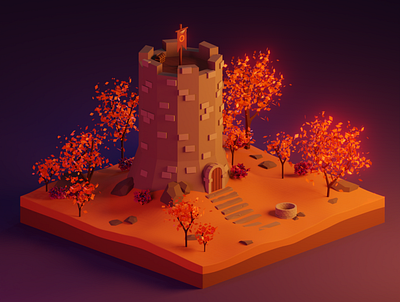 Autumn Tower 3d blender design diorama illustration isometric low poly