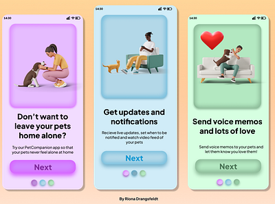 Onboarding screens for a Pet's home alone app 3d 3dclay app claymorphism design figma icons interface interfacedesign mobile onboarding screen ui ux