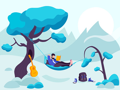 The perfect spot book chillout flat forest guitar guy illustration mountains procreate reading relax trip