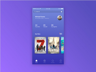 Films app blue dashboard film films list mobile search slider ui ux