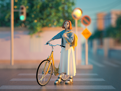 Come back home 3d 3dcharacter bicycle c4d character evening fashion girl girl character illustration meditation modeling octane render road street traffic light