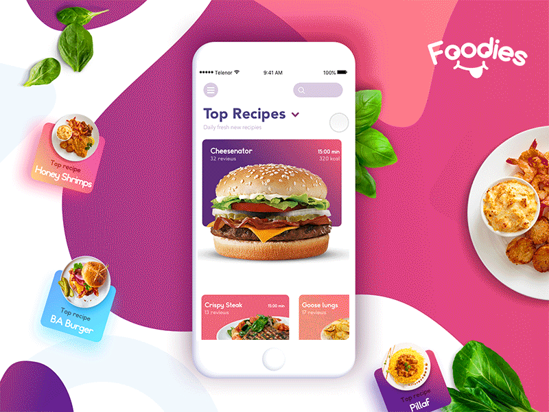Top Recipes | Foodies app appdesign color food gradients inspiration modern prototype ui ux web