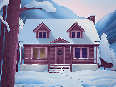 In the Woods cabin cottage illustration art norway vector winter